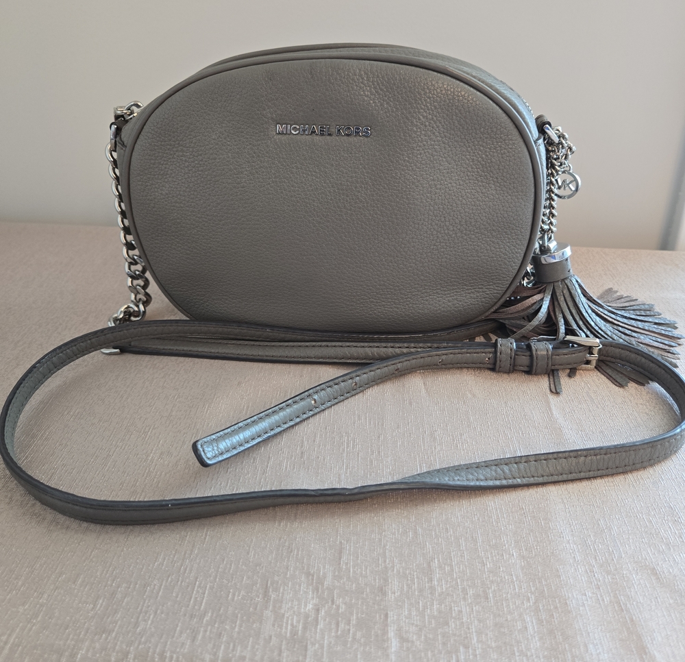 Michael Kors Taupe Gray Pebbled Crossbody Bag Silver Chain Tassel Purse